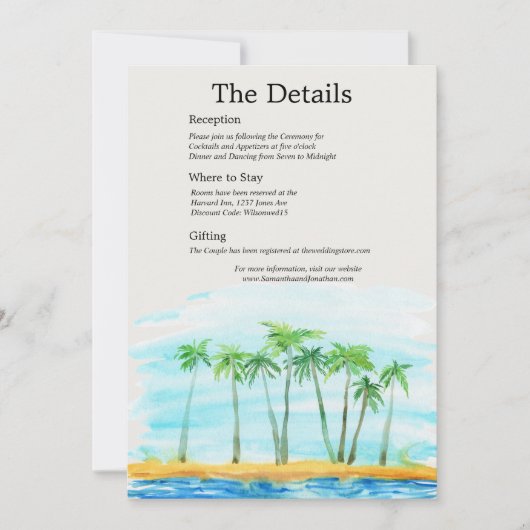 Carte d'information de mariage Palm Tree and Beach (Devant)