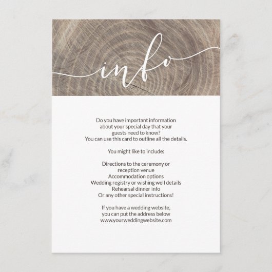 Carte d'information du mariage de bois rustique (Devant)