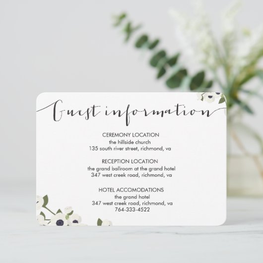 Carte d'information du Mariage de fleurs d'anémone (Debout devant)