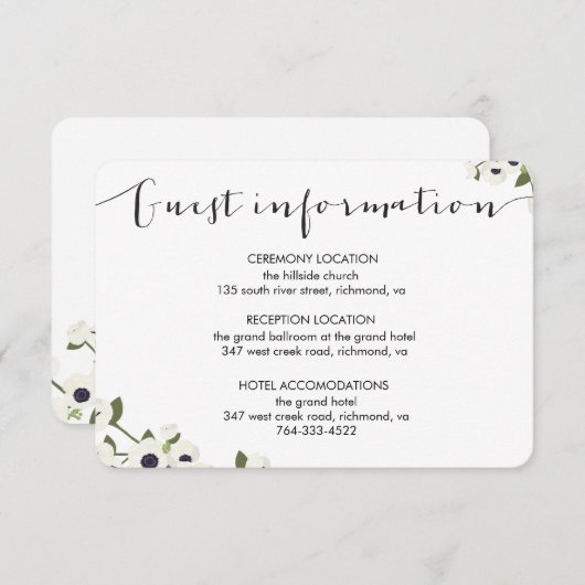 Carte d'information du Mariage de fleurs d'anémone (Devant / Derrière)