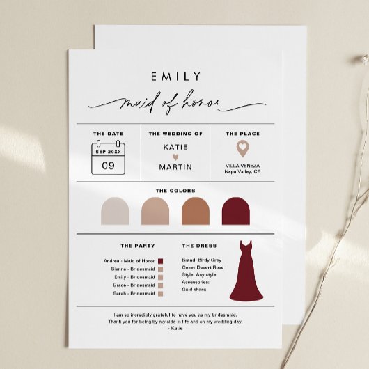 Carte d'information EVERLEIGH Maid of Honor Bridal