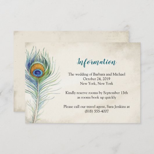 Carte d'information Mariage Bohemain Peacock Feath (Devant / Derrière)