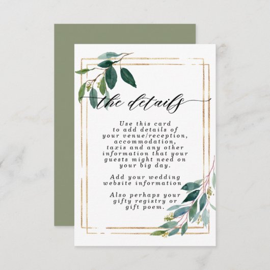 carte d'information mariage de fausse or vert (Devant / Derrière)