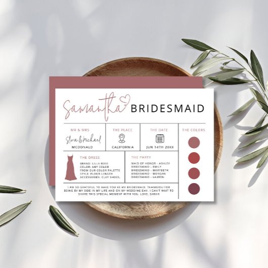 Carte d'information Maroon Bridesmaid, Guide de fê
