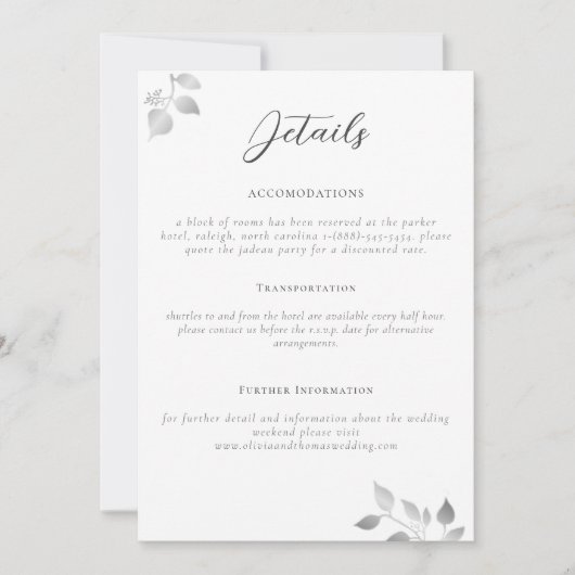 Carte d'information sur les détails de mariage au (Devant)