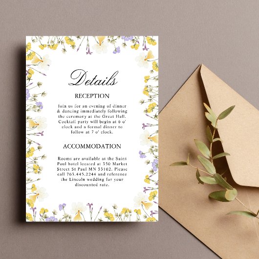 Carte d'information sur les détails du mariage flo