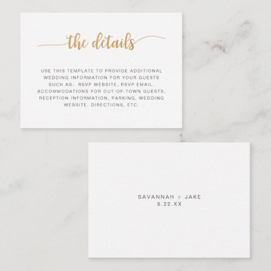 Carte d'informations mariage en or blanc simple (Devant / Derrière)