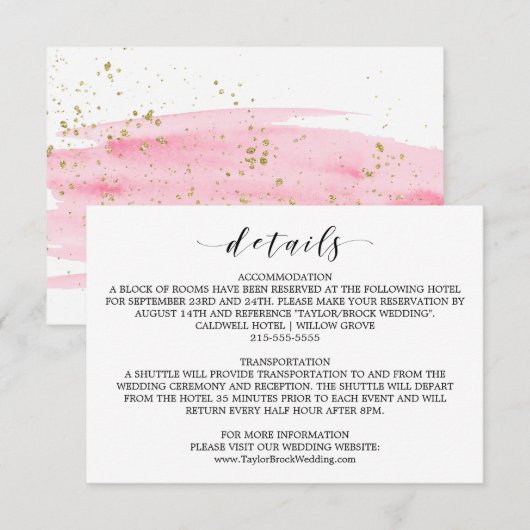 Carte d'informations sur le Mariage Aquarelle rose (Devant / Derrière)