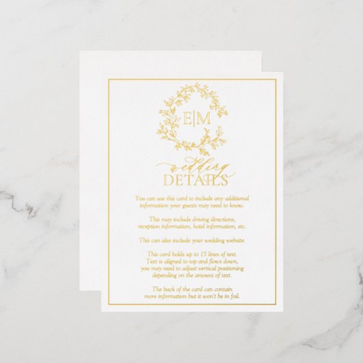 Carte d'informations sur le Mariage de Monogramme (Recto/Verso)