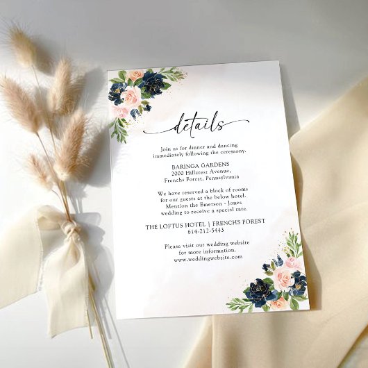 Carte d'informations sur le Mariage floral bleu et