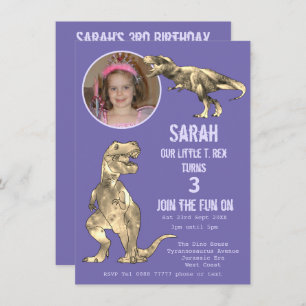 Carte Dino Party Dinosaur T Rex Girl 3e anniversaire vio