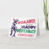 Carte Dinosaur T-Rex dans un Casquette de fête rose joye (Devant)