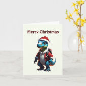 Carte Dinosaure de Noël bleu (Fleur jaune)