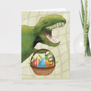 Carte Dinosaure de Pâques avec panier d'oeufs de Pâques