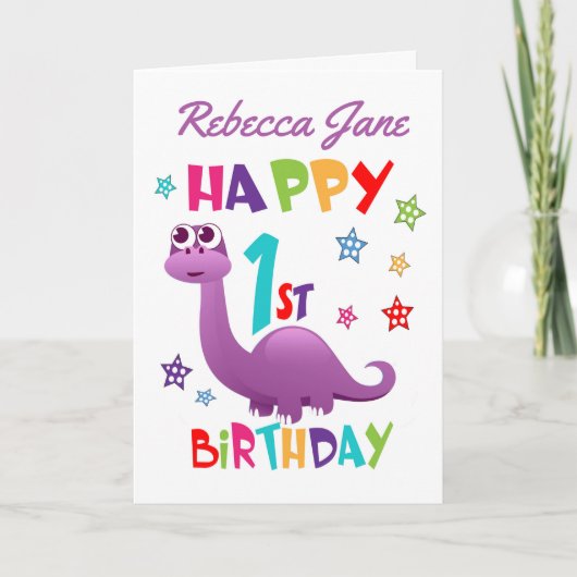 Carte Dinosaure pourpre 1er anniversaire (Devant)