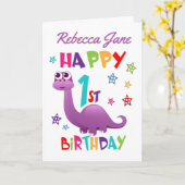 Carte Dinosaure pourpre 1er anniversaire (Fleur jaune)