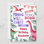 Carte Dinosaure rose Jeune sauvage et Trois 3e anniversa (Devant)