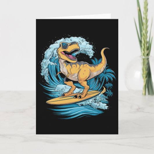 Carte Dinosaure T-rex Surfeur de Plage  (Devant)