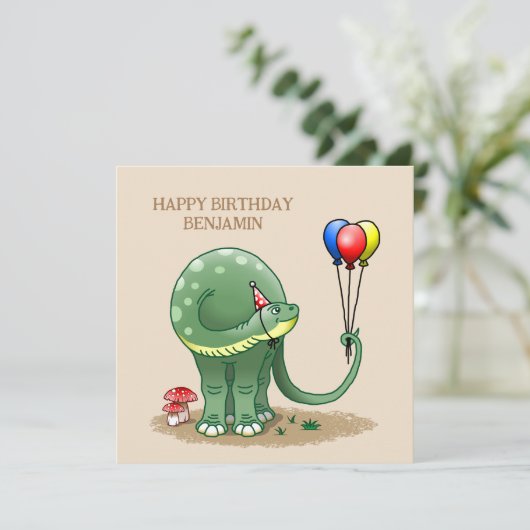 Carte Dinosaure tenant Ballons Anniversaire (Debout devant)