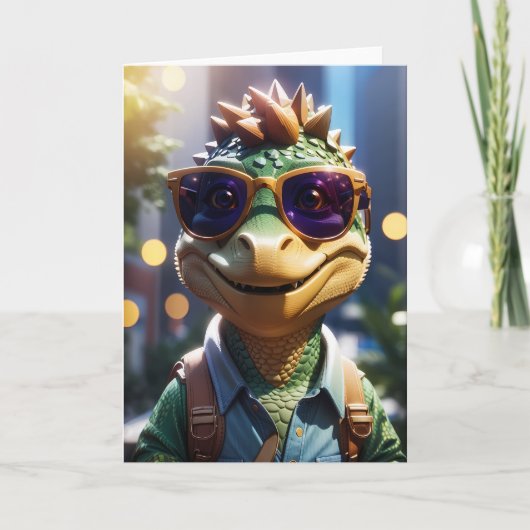 Carte Dinosaure vert amusant avec lunettes de soleil | C (Devant)
