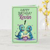 Carte Dinosaures vert mignon et pourpre Garçon 1er anniv (Fleur jaune)