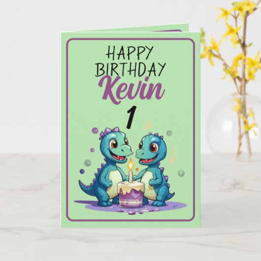 Carte Dinosaures vert mignon et pourpre Garçon 1er anniv (Fleur jaune)