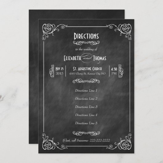 Carte d'insertion Art Déco tableau noir avec direc (Devant / Derrière)