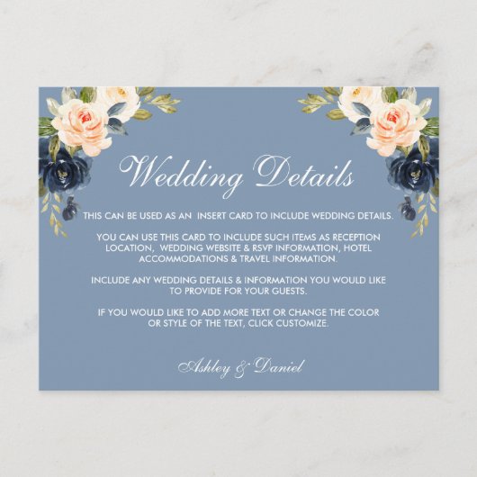 Carte d'insertion de détails de mariage Dusty Blue (Devant)