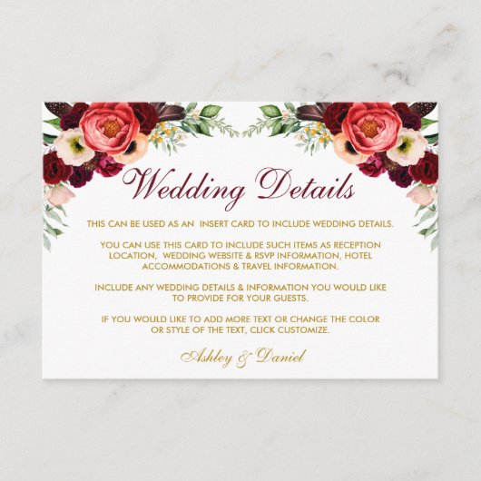 Carte d'insertion de détails de mariage floral boh (Devant)