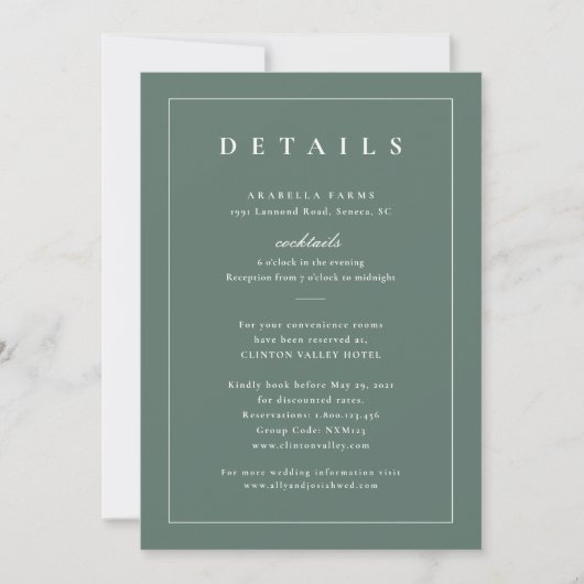 Carte d'insertion de détails de mariage vert sauge (Devant)