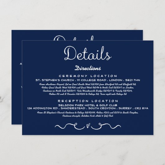 Carte d'insertion de détails mariage | Bleu de mar (Devant / Derrière)