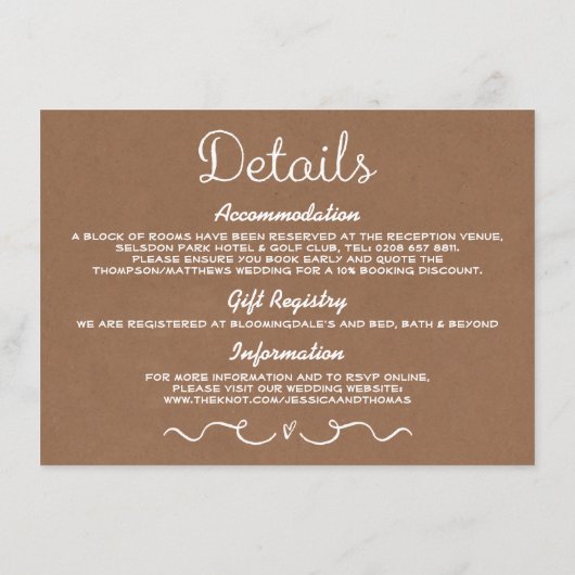 Carte d'insertion de détails mariage | Rustic Coun (Dos)