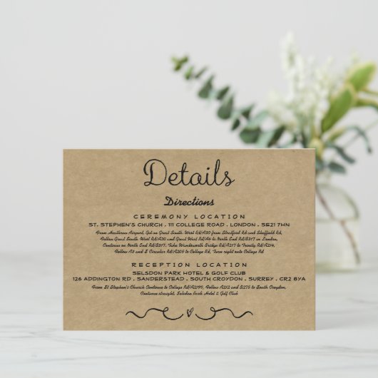 Carte d'insertion de détails mariage | Rustic Coun (Debout devant)