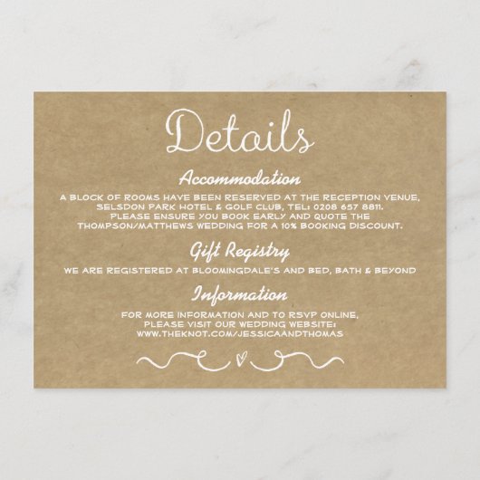 Carte d'insertion de détails mariage | Rustic Coun (Dos)