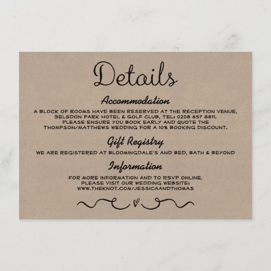 Carte d'insertion de détails mariage | Rustic Coun (Dos)