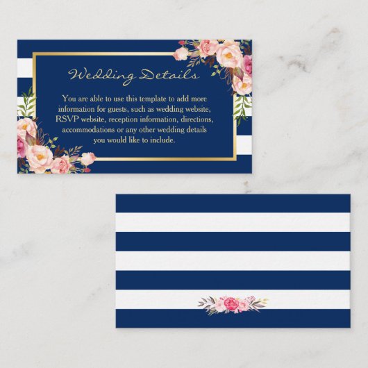 Carte d'insertion de Mariage Floral Navy Blue Stri (Devant / Derrière)