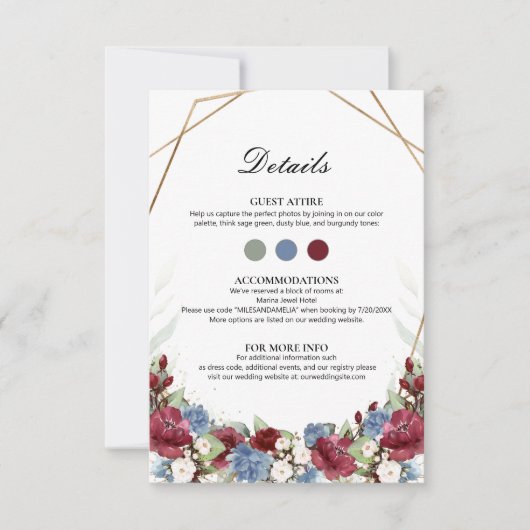 Carte d'insertion de mariage florale bleu poussiér (Devant)