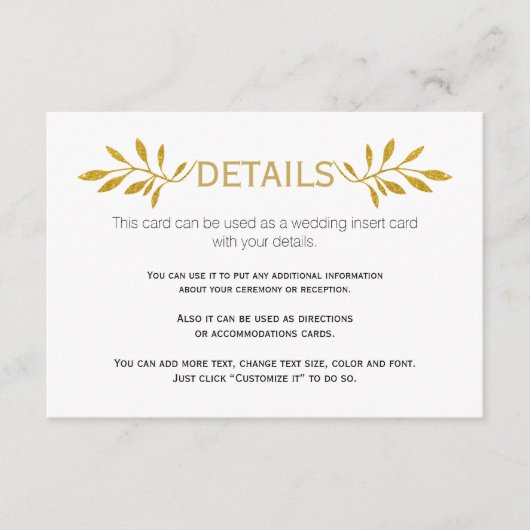Carte d'insertion de mariage motif feuille Gold pa (Devant)