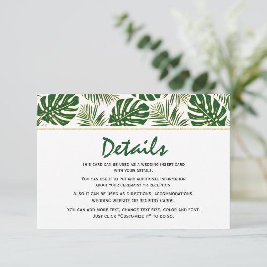 Carte d'insertion feuille vert et mariage or Tropi (Debout devant)