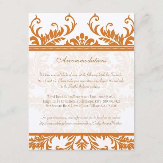 Carte d'insertion Mariage damassé orange et ivoire (Devant)