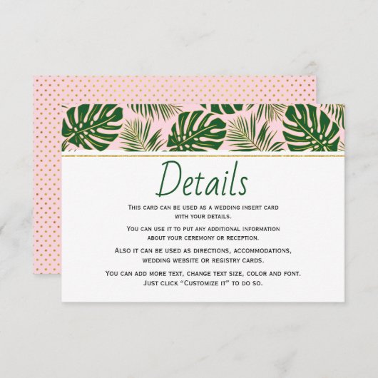Carte d'insertion verte feuille rose mariage (Devant / Derrière)