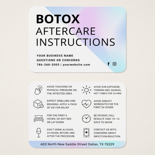 Carte d'instruction de post-soins d'injection Boto (Devant & derrière)