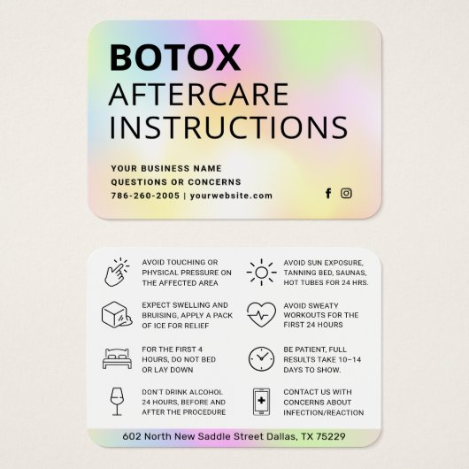 Carte d'instruction de post-soins d'injection Boto (Devant & derrière)