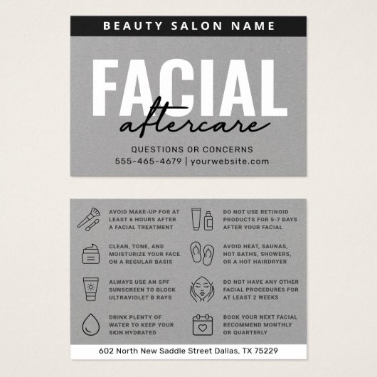 Carte d'instruction de postsoins faciaux gris Prem (Devant & derrière)