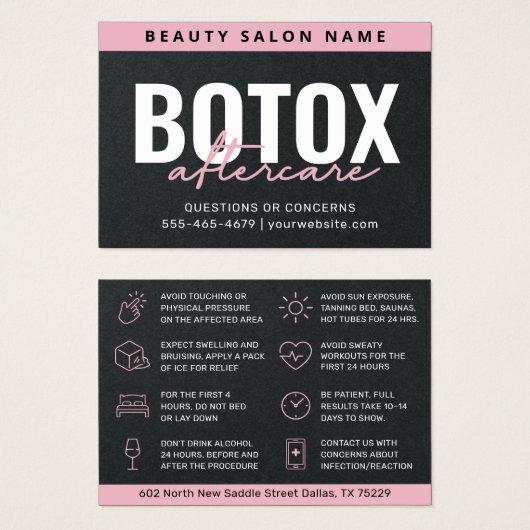 Carte d'instruction de soins après Botox Noir Prem (Devant & derrière)