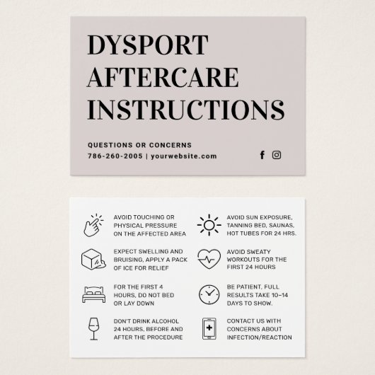 Carte d'instruction de suivi d'injection Dysport (Devant & derrière)