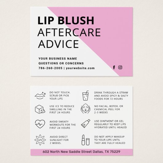 Carte d'instructions AfterCare pour la lèvre rose (Devant & derrière)