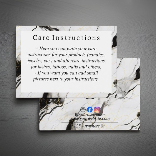 Carte d'instructions de soin en marbre noir et bla