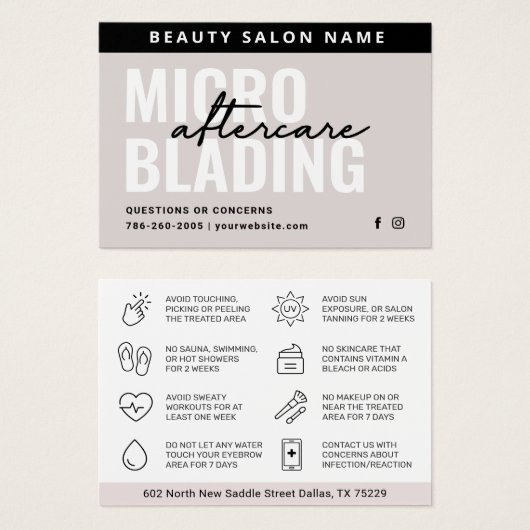 Carte d'instructions de soins après sourcils moder (Devant & derrière)