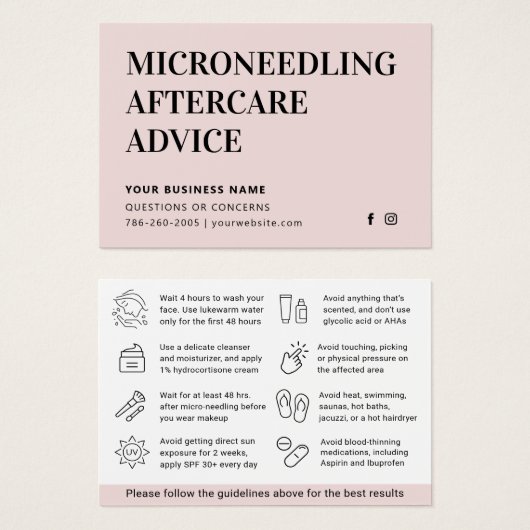 Carte d'instructions de suivi de microneedling de  (Devant & derrière)